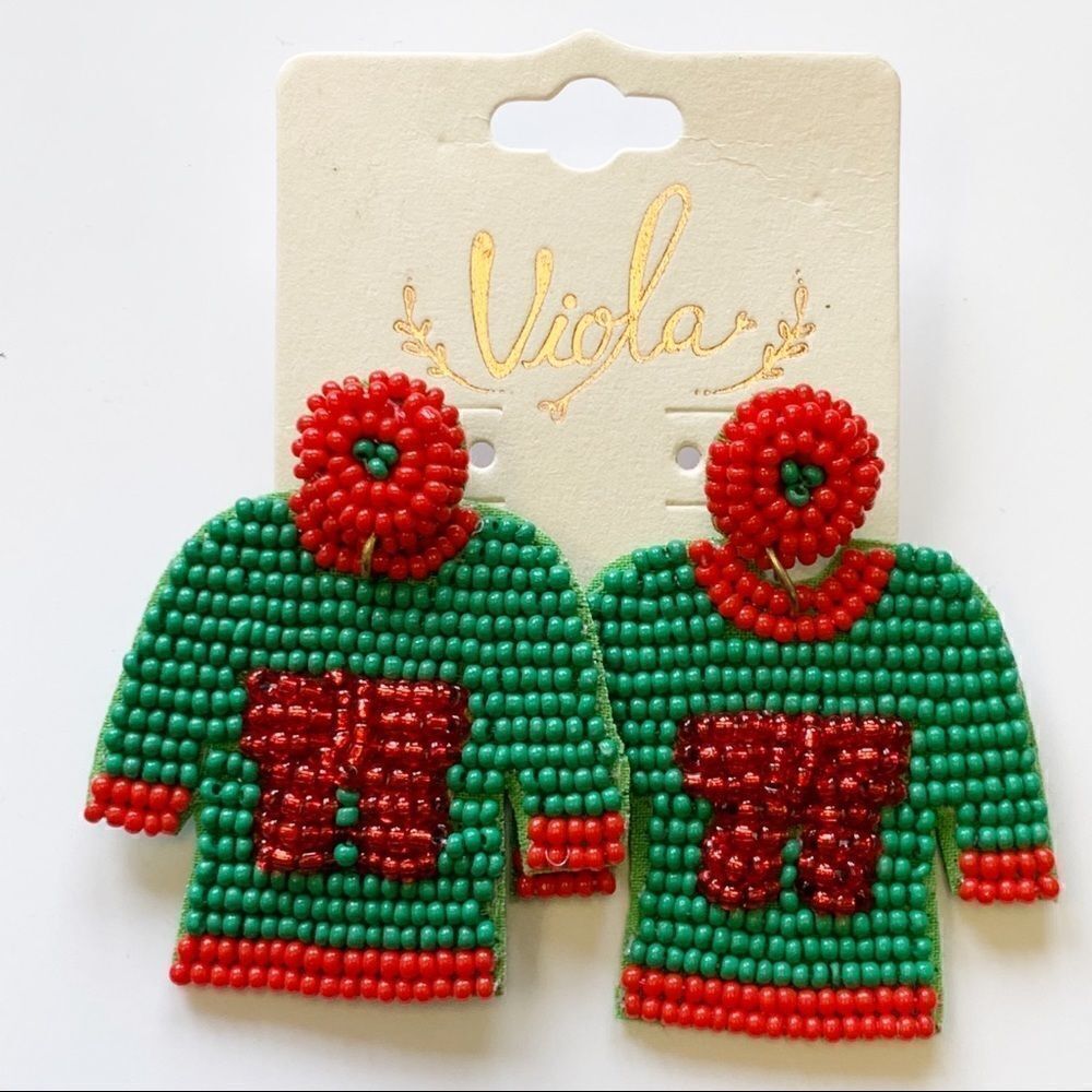 Green and Red Boho Seed Beaded Ugly Christmas Sweater Earrings